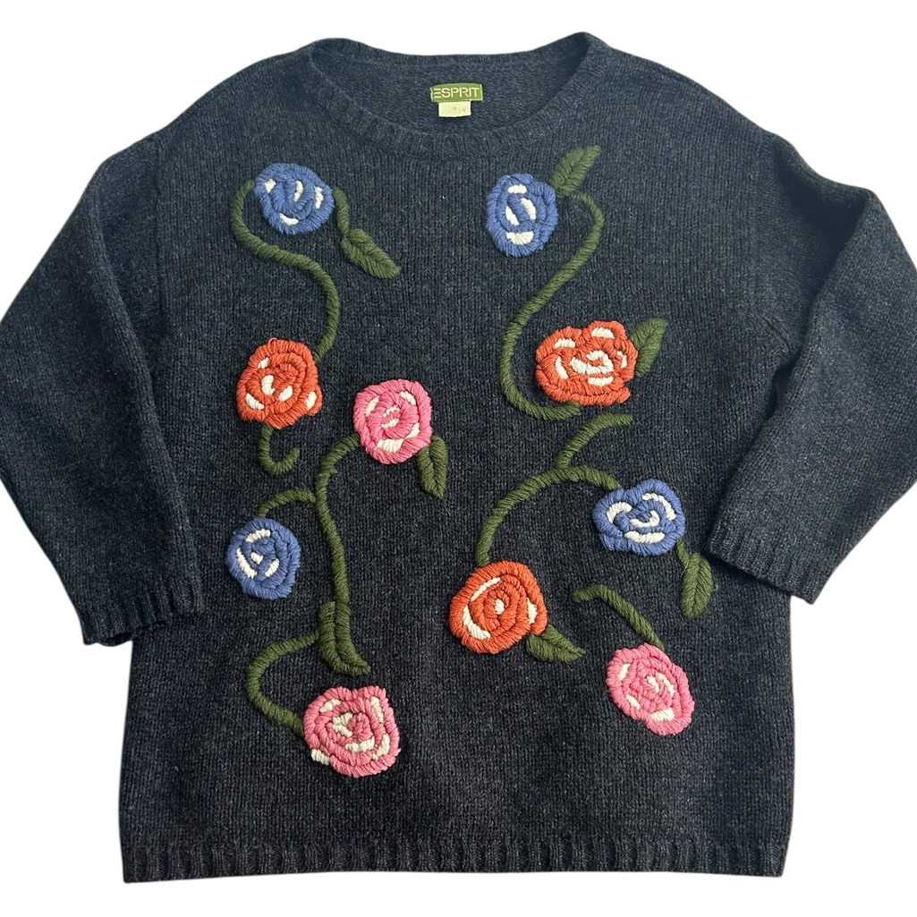 Vintage Esprit Gray Wool Floral Embroidered Crewneck Ribbed Knit Sweater Size S